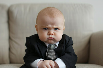 A humorous take on the corporate world with a baby dressed as a serious business boss, looking directly at the camera