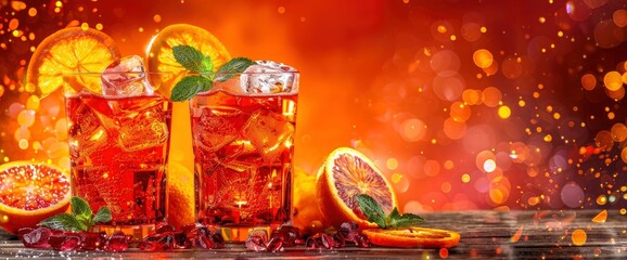 Two red cocktails with orange and ice cubes on a wooden table against a dark background, Italian alcohol drinks in old glasses