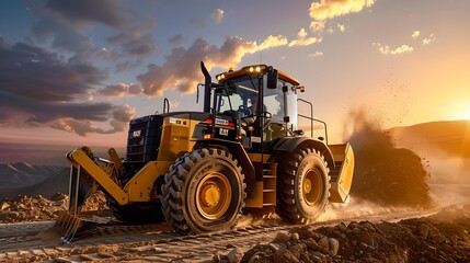 Rugged Wheel Loader at Work During Golden Hour, Construction Equipment in Action, Powerful Earthmoving Machine in Dramatic Sunset Scene. AI - obrazy, fototapety, plakaty