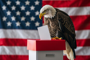 Naklejka premium American presidential election, a patriotic bald eagle putting a ballot into a voting box in front of an American flag