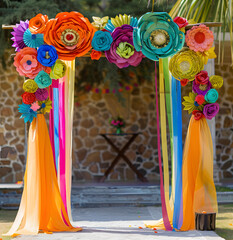 Mexican party arch with colorful paper flowers and ribbons. Cinco de mayo fiesta concept.  - obrazy, fototapety, plakaty