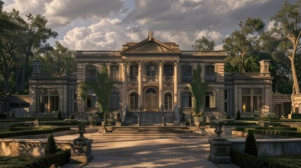 Obraz premium a mansion's front view in a full shot, where open spaces beckon with a sense of grandeur and sophistication.