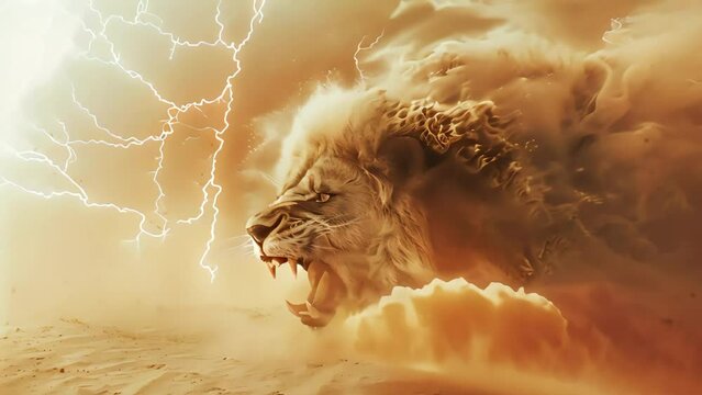 An aggressive lion's head emerges from the desert sands during a ferocious sandstorm, symbolizing strength and resilience in harsh conditions.
