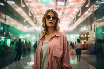 Fototapeta premium woman in a shopping mall, going to the mall, beautyyful woman in shopping mall with a blurred background
