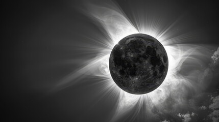   A black-and-white image of the sun's corona during a solar eclipse, featuring clouds in the foreground