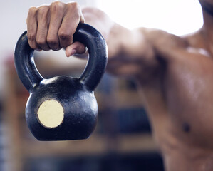 Hand, kettlebell or weight in gym for training, fitness and exercise to gain muscle for health,...