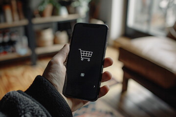 Online shopping concept, a shopping card symbol seen on the screen of a smartphone