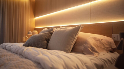 A bedroom with a linear lighting strip along the headboard of the bed creating a sleek and stylish focal point in the room. . .