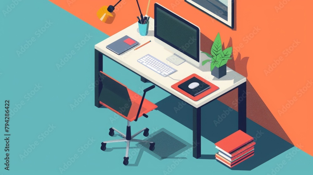 Poster modern workspace with computer and laptop