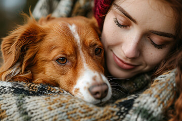 A woman cuddling with her dog on the sofa - 794286419
