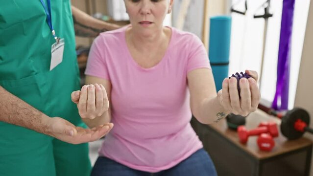 A female patient undergoing hand physiotherapy with a male therapist in a rehab clinic