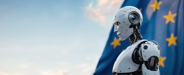 White modern robot standing against European Union flag. Law regulation of artificial intelligence in Europe. Banner with copy space