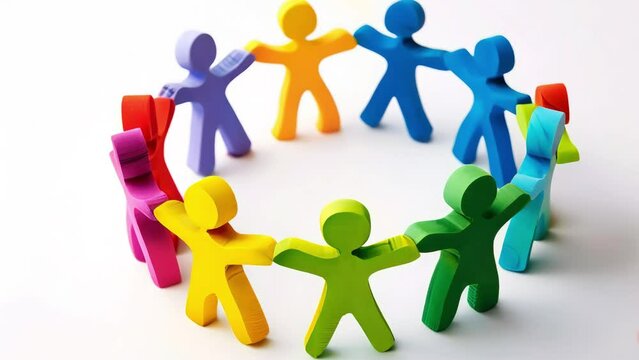 Colorful foam figures of people holding hands on a white background symbolize cooperation, support and teamwork.