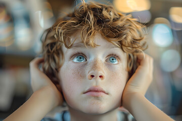 A young boy with a sensitivity to noise covering his ears with his hands