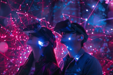 Two people immersed in a virtual reality experience with colorful lights