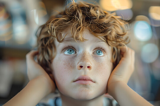 A young boy with a sensitivity to noise covering his ears with his hands