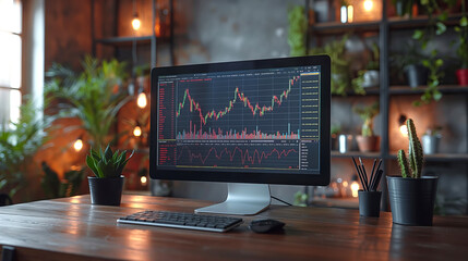 Trading chart displayed on computer screen in home office - 794287632