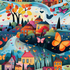 Whimsical Autumn Village Illustration


