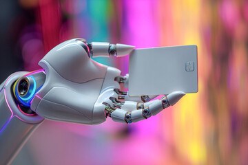 Robotic hand with a blank credit card on a background with colorful neon lights