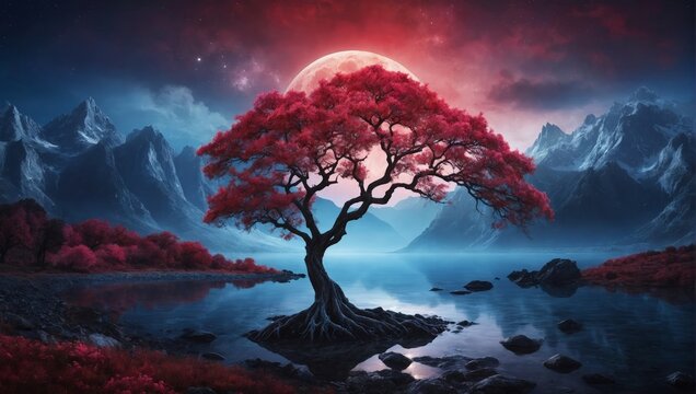 A majestic tree with sparkling blossoms illuminated by the red moonlight