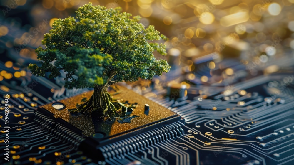 Aufkleber the bottom angle view of the growing green tree on the cpu on the land of the greenish mainboard and