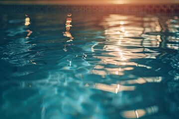 Serene water surface of a pool with gentle ripples and reflections at sunset