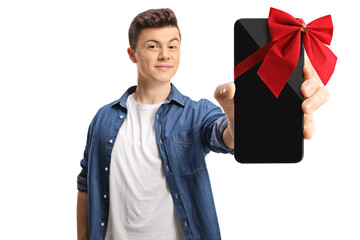Guy holding a new smartphone with a red bow