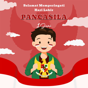 Illustration of Boy with National Emblem of Indonesia Celebrating Pancasila Day on 1st June