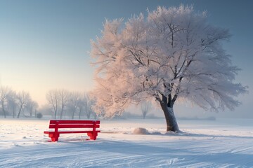 Red bench by a frosted tree in a misty winter morning