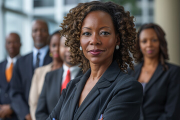 A confident black businesswoman standing in front of her team, business portrait, female ceo