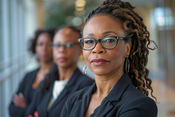 A confident black businesswoman standing in front of her team, business portrait, female ceo