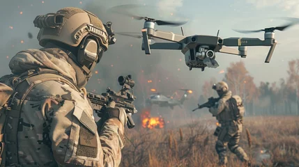 Fotobehang a soldier in a field, strategically setting up drones for combat in an ultra-realistic fighting style. © lililia