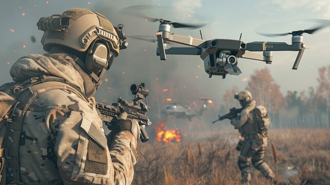 a soldier in a field, strategically setting up drones for combat in an ultra-realistic fighting style.