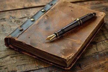 Rustic leather-bound book with fountain pen