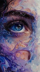 Psychedelic abstract image of a woman's face with beautiful eyes with a purple gradient.