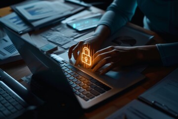 A person typing on their laptop with the symbol of security and safe data, surrounded by documents in an office setting A glowing padlock icon appears above them as they type Generative AI - obrazy, fototapety, plakaty