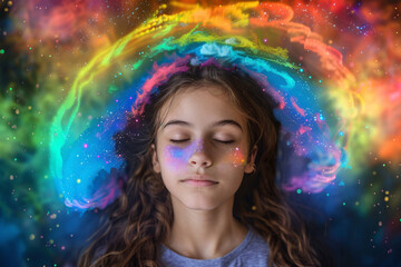 Neurodiversity concept, a young girl surrounded by vibrant colors around her head, ADHD, Autism Awareness - obrazy, fototapety, plakaty