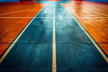 Empty basketball court with dramatic lighting