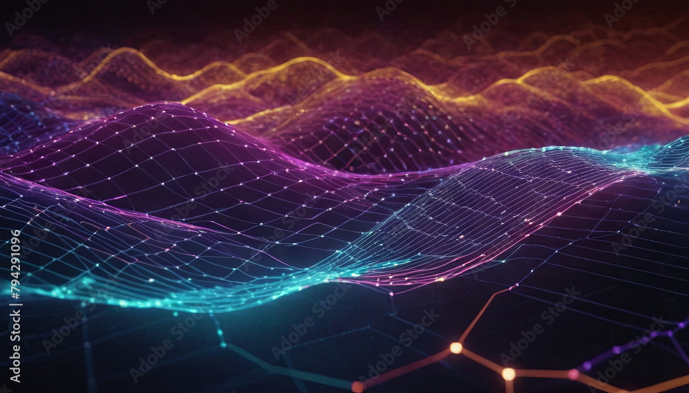 Poster computer-generated simulation of a wave of light moving through a digital space, illustrating energy