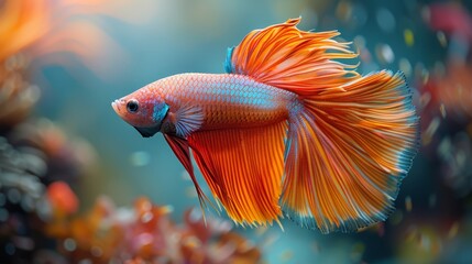   A tight shot of a red and blue fish swimming nearby, surrounded by corals in the background and clear water at the forefront