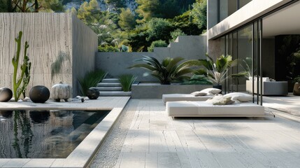 an outdoor space adorned with modern architectural elements, unveiling new forms of modernist aesthetics through the pure stone texture.