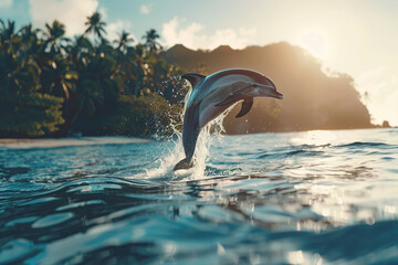 Dolphin jumping from blue pacific ocean and tropical island
