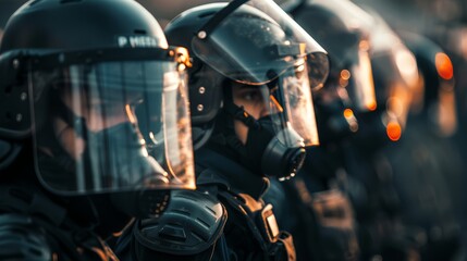 Intense close-up of riot police during May Day, controlling a demonstration against pension reform and advocating social justice - obrazy, fototapety, plakaty