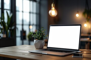 Blank Screen Laptop on Wooden Table in Comfortable Room