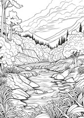 Nature Coloring Page, Nature outline coloring page, Nature Scenery line art for coloring page, Nature coloring Book, Adults Coloring Pages, AI Generative