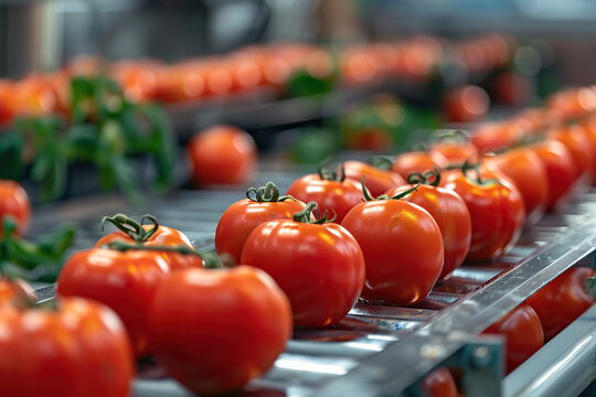 Red fresh tomatoes on production line at factory