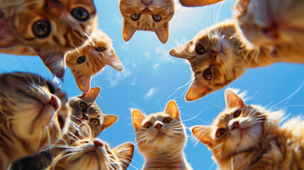 Cute Circle of Eight Curious Cats Huddled, Gazing Down at Ground Camera, Sunny Day Close-Up