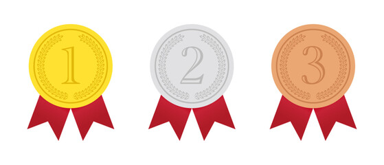 Set of three winners medals in gold, silver, bronze with red ribbon, isolated on transparent background, simple flat design