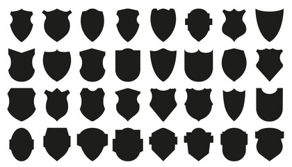 Set of black vector shields, flat design icons on transparent background. Useable for club emblem oder corporate logo.