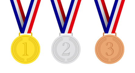 olympic sports medals flat design, in gold, silver, bronze on transparent background, ribbons with french flag colors 